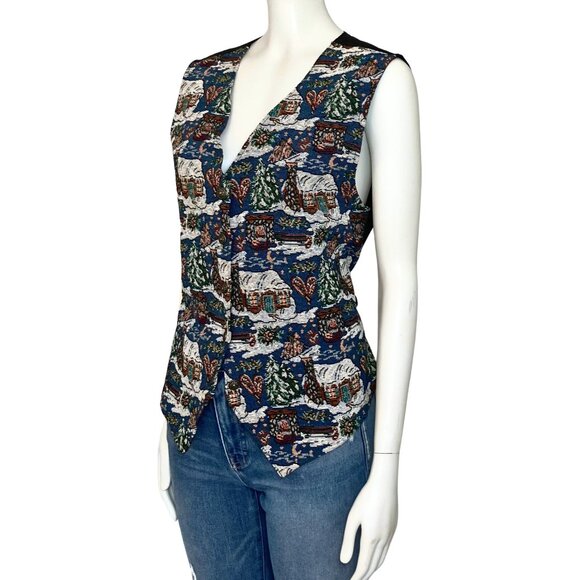 Vintage 90s Christmas Village Embroidered Cottagecore Retro Vest Large Kitschy - Picture 3 of 12